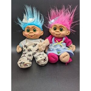 2 Vtg 1992 Troll Doll By M.T. 11" Blue Pink Hair Green Eyes Bow Overalls Outfits